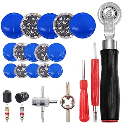 70PCS Tire Patches Kit Heavy Duty, Inner Tube Patch Kit, Include Tire Patch Roller,Rubber Repair Patches, Valve Core, 4-Way Valve Tool, Valve Core Wrench, Valve Core Removal Tool with Tire Valve Caps