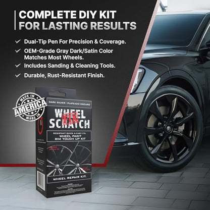 Wheel Scratch Fix® Dark Silver Touch Up Paint for Cars - DIY Alloy Wheel Repair Kit, Curb Rash Remover with Fast-Drying Pen - Long-Lasting OEM Finish Car Rim Paint for Scuffs and Chips at Home (Dark Silver) - color: Silver - Dark - Kit