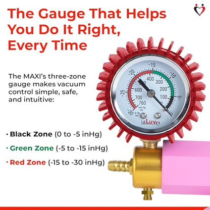 LeLuv Maxi Vacuum Pump - Manual Hand Vacuum (0-30 Hg, 0-760 mmHg) with Ergonomic Nylon Handle, Release Valve, & Rubber Protected Pressure Gauge (1/8" NPT), Compatible with LeLuv Pump Series - Pink - color: Pink