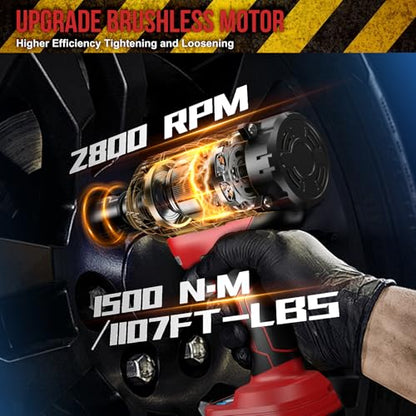 Cordless Impact Wrench 1/2" 21V High Torque Brushless Power Impact Gun 1107Ft-lbs (1500Nm) with 2x4.0Ah Batteries & 6 Sockets & Fast Charger & Case for Car & Truck & RV & Heavy Duty Use