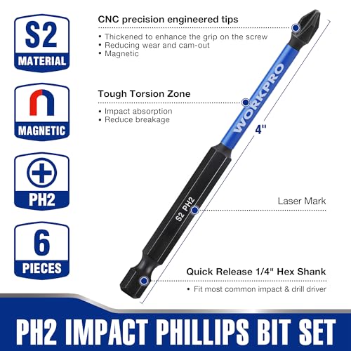 WORKPRO 6pcs PH2 Impact Phillips Screwdriver Bit Set, S2 Professional CNC Anti-Slip Magnetism Bits, 1/4" Hex-Shank #2 Phillips Impact Driver Bits, 4" Long Impact Screwdriving Bits with Holder - size: 4 in