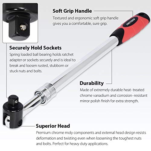 FIRSTINFO Taiwan 1/2" Drive Extendable Breaker Bar with Ratchet Adapter | 18-1/2" to 24-1/2" Length Extended Leverage with 230 Degrees Flexible Head, Premium CR-V, Heavy Duty, F32242D