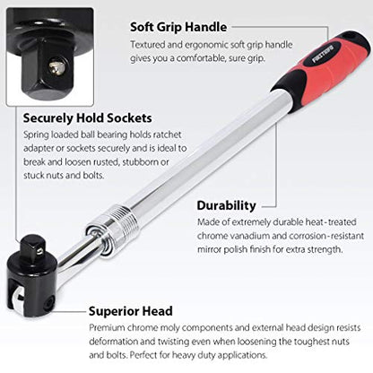FIRSTINFO Taiwan 1/2" Drive Extendable Breaker Bar with Ratchet Adapter | 18-1/2" to 24-1/2" Length Extended Leverage with 230 Degrees Flexible Head, Premium CR-V, Heavy Duty, F32242D