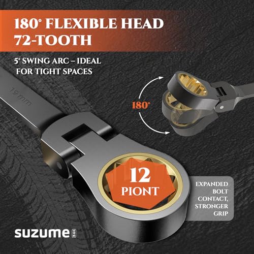 SUZUME 24-piece Flex Head Ratcheting Wrench Set Metric & SAE 180° flexible | 8-19mm & 1/4"-7/8" Cr-V Black Nickel Coating 72-tooth for Car, SUV, Pickup, Moto, Bike,Machine Repair Home DIY with Organizer - size: 24-Piece, style: Metric and SAE