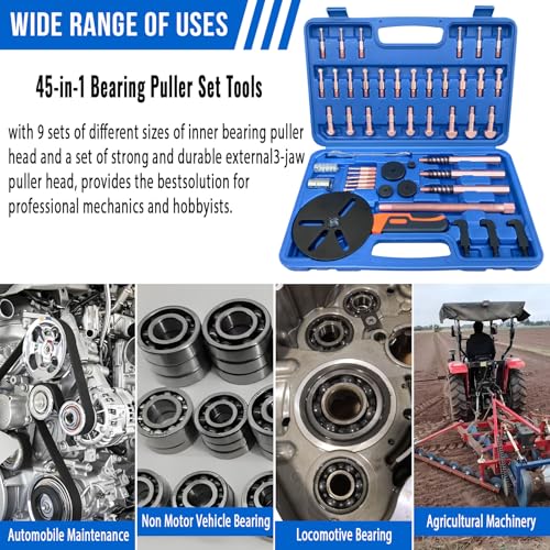 45 in1 Bearing Puller Set, Blind Bearing Puller Separator, 3 Jaw Gear Pulley Puller Kit, Inner Bearing Removal Tool with 9 Different Specifications of Pulling Heads, Special Storage Box - size: 45in1-puller