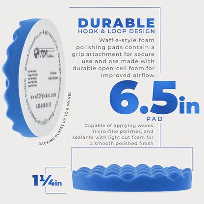 TCP Global 6.5" Blue Waffle Foam Buffing Pad Hook and Loop Backing - Light Cut Pad for Polishing, Automotive, Marine, Truck, RV & Compound Cutting, Car Polishing Pads