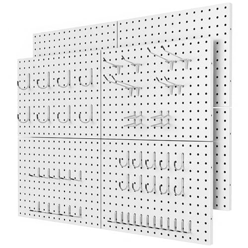 8 Pack Metal Peg Board Panels with 50 Hooks, White | Heavy Duty Wall Mount Storage System for Garage Tools, Workbench, Office & Home Organization - color: White, size: 16x12"- 8 Pcs