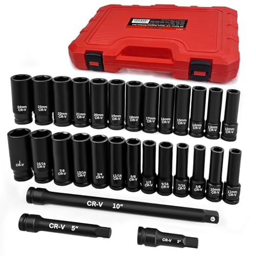 WETT 1/2" Drive Impact Socket Set, 29 Piece Deep Socket with Extension Bar, Cr-V Steel, SAE & Metric, 6 Point, (3/8" - 1", 10-24mm) - size: 29pcs 1/2" Socket Set, style: (Upgraded) 29pcs 1/2" Socket Set