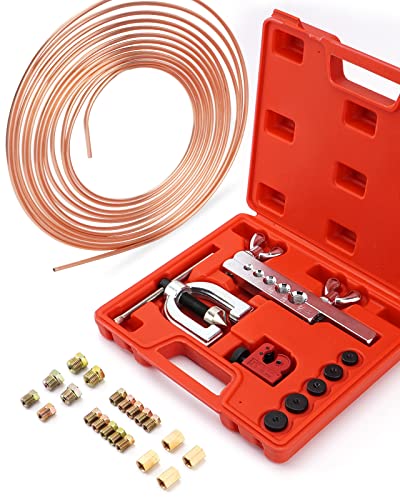 25 ft 3/16 Copper Coated Brake Line Kit (Includes 16 Fittings and 4 Unions Brake Line Fittings) + Double & Single Flaring Tool Kit - size: 3/16" Brake Lines