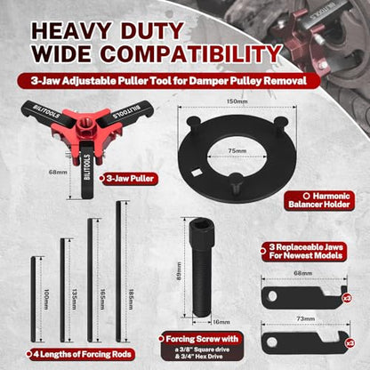 BILITOOLS Adjustable 3-Jaw Harmonic Balancer Puller and Holding Tool Set | 45# Steel Removal Kit with Balancer Holder, 4 Forcing Rods, Forcing Screw and Case for Chevy, GM, Chrysler and Ford Engines - size: Full-Size