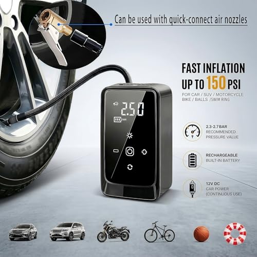 Tire Inflator Portable Air Compressor, Dual Power 12V DC/Rechargeable | Digital Display Gauge Car Tire air Pump, Battery Operated, LED Work Light, for Car Tires, SUV, Motorcycles, Bicycles, Balls