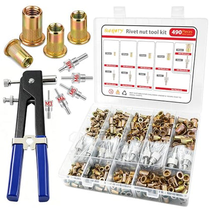 Rivet Nut Tool Kit, 490PCS Metric Rivnut Assortment with Hand Setter, M3/M4/M5/M6/M8 Carbon Steel Threaded Inserts, Portable Storage Case for Automotive, Furniture & DIY Repairs