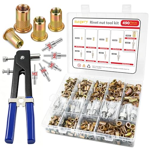Rivet Nut Tool Kit, 490PCS Metric Rivnut Assortment with Hand Setter, M3/M4/M5/M6/M8 Carbon Steel Threaded Inserts, Portable Storage Case for Automotive, Furniture & DIY Repairs
