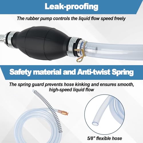 Siphon Hose for Gasoline, 8 Ft 5/8 Inch Hand Siphon Pump Kit with Rubber Pump, Brass Jiggler, Anti-Kink Spring and Shut-Off Clip for Gas, Diesel & Water Transfer - size: 5/8" Siphon Hose Kit