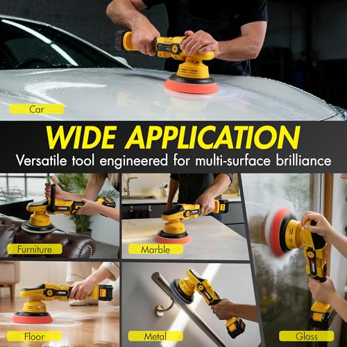 Wagan EL6402 OneVolt Cordless Polisher 6 Pro Dual Action 6-Inch Brushless Car Buffer with 6 Variable Speed, Including 2 UL Certified 3.0Ah Batteries, Multi-Purpose Accessory Kit for Detailing & Waxing