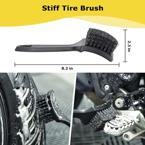 focopot Motorcycle Cleaning Kit 6 Pack with Easy Reach Brush,Tire Brush,Wool Wash Mitt,Chain Brush,Detailing Brush and Microfiber Towel for Cleaning Motorcycle Mudguard,Rims,Exhaust,Frame
