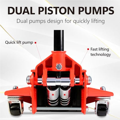 3T Low Profile Floor Jack, 6600 lb, Dual Pump, 3.3"-19.7", Red | Heavy-duty steel, dual-pump quick lift, ultra low profile, 3.3"-19.7" range, safety overload protection. - size: 3T Dual Pump 3.3"-19.7"(Red)