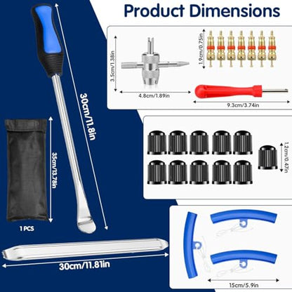 27-Piece Tire Change Tool Kit for Motorcycle, ATV, Lawn Tractor, Bicycle, Scooter, Car - Blue with Tire Spoons, Rim Protector, Valve Tools & Storage Bag