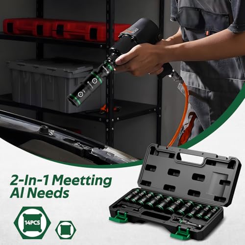 Lug Nut Impact Socket Set, 14Pcs 1/2" & 1/4" Metric & SAE Socket Set, CR-MO Steel, 20-IN-10 Deep Flip Socket Set, Thin Wall Wheel Protector Nut Socket with Extension Bar & Adapter - size: Flip 14PCS(SAE+Metric)