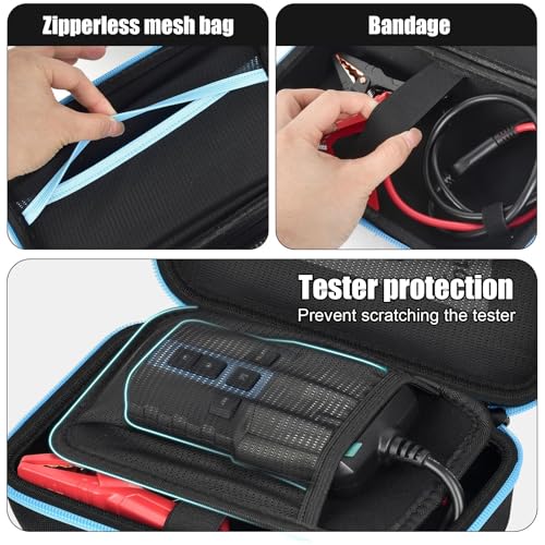 Casmilee Battery Tester Case for TOPDON BT100/BT200 100-2000CCA, Case Only | Hard Case, Layered Storage for Tester, Clamps and Cables, Mesh Pocket, Garage and Roadside Carry, Blue