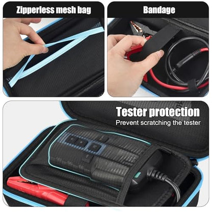 Casmilee Battery Tester Case for TOPDON BT100/BT200 100-2000CCA, Case Only | Hard Case, Layered Storage for Tester, Clamps and Cables, Mesh Pocket, Garage and Roadside Carry, Blue