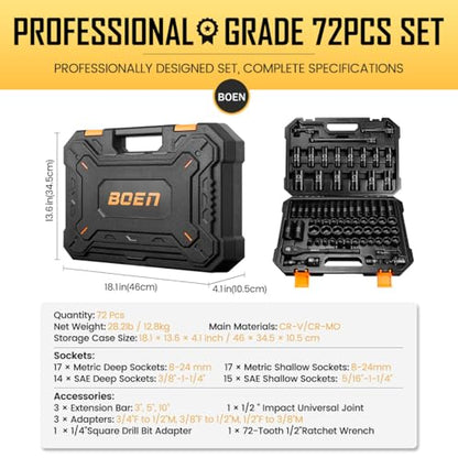 BOEN 1/2" Drive Impact Socket Set, 72 Piece Standard SAE (5/16"-1-1/4") & Metric (8-24 mm), Deep & Shallow Kit | Includes Ratchet Handle & Adapters | 3 ", 5", 10" Extension Bar