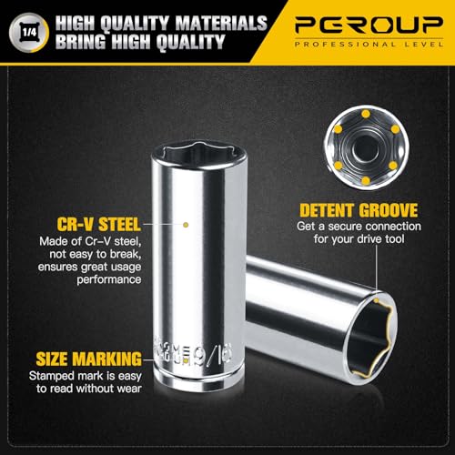 1/4” Drive SAE Socket Set, 11PCS Deep Hex Socket Set (3/16”-9/16”), Cover Most Commonly Sizes, Chrome Vanadium Steel with 3/8”F to 1/4”M Socket Adapter - size: 1/4-6PT-11PC