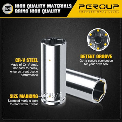 1/4” Drive SAE Socket Set, 11PCS Deep Hex Socket Set (3/16”-9/16”), Cover Most Commonly Sizes, Chrome Vanadium Steel with 3/8”F to 1/4”M Socket Adapter - size: 1/4-6PT-11PC
