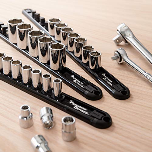 Precision Defined Aluminum Tool Socket Holder 3-Piece Set | Black, 1/4-Inch x 16 Clips, 3/8-Inch x 16 Clips, 1/2-Inch x 14 Clips | 360 Rotation - Heavy Duty Socket Rails Organizer, Socket Storage - color: Black