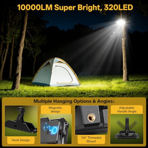 LED Work Light, Portable Rechargeable Magnetic Work Light | 10000LM output with 4 lighting modes, IP65 waterproof protection and a 13000mAh battery for garage, camping and emergency use