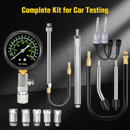 BETOOLL 13PCS Compression Tester Kit with Fluorescent 300PSI Triple-Scale Gauge & 2 Spark Plug Testers, Automotive Engine Cylinder Pressure Gauge for Gas Car Truck ATV Small Engines
