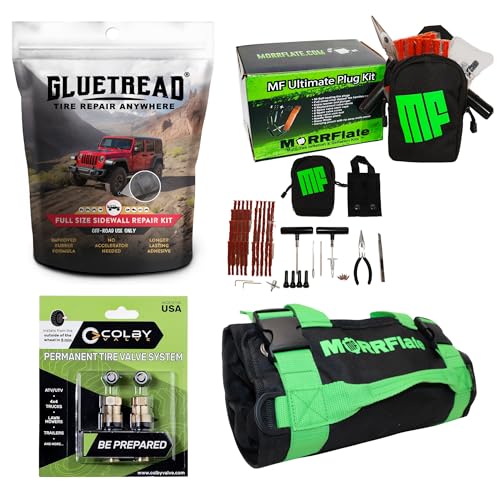 MORRFlate Xtreme 4×4 Tire Repair Kit Complete Off-Road Tire Repair Includes Tool Roll Bag, Tire Plug Kit, GlueTread Sidewall Tire Repair Kit, and Two Colby Valve Permanent Valve Stem Replacements