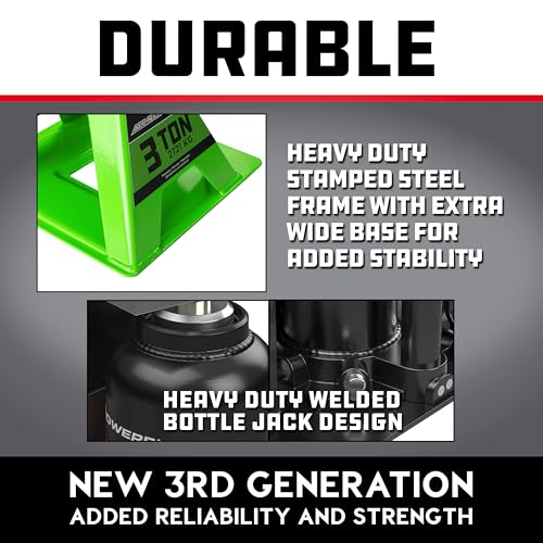 POWERBUILT 3 Ton All-in-One Hydraulic Bottle Jack and Jackstand in One, Compact, Wide Base, 11-21 Inch Range, Eliminates Jackstands, for Trucks, SUVs, RVs, Trailers, ASME, Not for Sedans - 640912 - color: green
