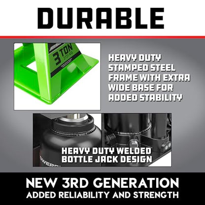 POWERBUILT 3 Ton All-in-One Hydraulic Bottle Jack and Jackstand in One, Compact, Wide Base, 11-21 Inch Range, Eliminates Jackstands, for Trucks, SUVs, RVs, Trailers, ASME, Not for Sedans - 640912 - color: green
