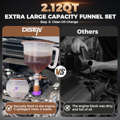 DISEN 17-Piece Engine Oil Funnel Kit, 2.12QT/2L Oil Funnel Set with 12 Adapters, 45° & Straight Elbow, Magnetic Storage Trays for Garage, Compatible with More Car