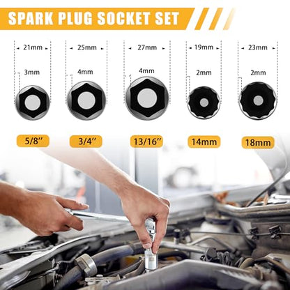 AEROFORCE 3/8-Inch Drive Spark Plug Socket Set 8PCS - Includes 6 Point Sockets 5/8-inch, 3/4-inch and 13/16-inch, 12 Point Sockets 14mm&18mm, 2 Extension Bars,Universal Joint - size: ‎8PC (14mm, 5/8", 18mm, 3/4", 13/16")