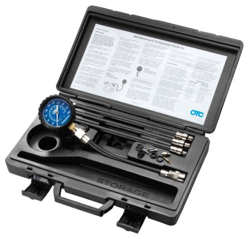 OTC 5604 Motorcycle Compression Tester Kit - Ideal for Testing Motorcycle and Small Engines; Includes Specially Designed Compression Gauge and Hose Assembly, 3 Hose Adapters, and Storage Case