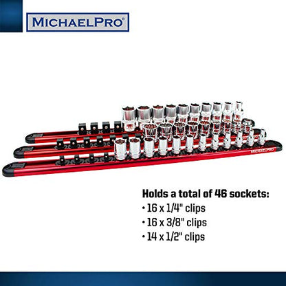 MichaelPro 3-Piece Aluminum Socket Organizer Rail Set- 1/4-inch, 3/8-Inch, and 1/2-Inch Drive Tool Socket Organizers Hold 46 Sockets, Heavy Duty Socket Storage | MP014001 - style: Non-Magnetic