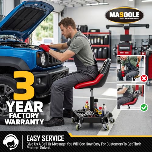Rolling Shop Stool with Wheels, 330LBS Capacity Garage Mechanic Stool Seat with Backrest and Tool Tray Storage for Workshop, Pneumatic Adjustable Height Heavy Duty Garage Chair for Work, Red