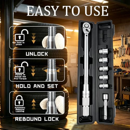 TYD 1/2 Inch Drive Click Torque Wrench Set, 30–210 Nm ±4% Precision | 72-Tooth Dual-Direction Ratchet, Includes 5 Sockets & 5" Extension Bar, Wheel Lug Torque Kit for Car SUV Pickup Truck Repair - style: TGZ-210 30-210N.m 1/2"