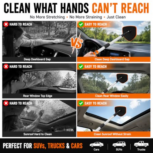 XINDELL Interior Windshield Cleaner Tool, Extendable Car Window Cleaning Kit with 360° Rotating Head, Interior Exterior Glass Cleaner for Cars Trucks SUVs, 10PCS with 3 Pads, Towels, Brushes & Bag | 360° Head, Extendable Handle, 3 Pads, 2 Brushes, 3 Towel