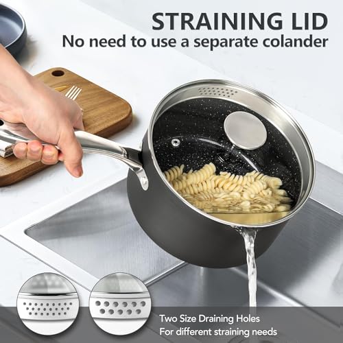 MICHELANGELO 3 Quart Saucepan with Lid, Hard Anodized Nonstick Sauce Pan with Strainer Lid & Pour Spouts for Easy Pour, Granite Derived Coating Sauce Pan for Cooking, Small Pot - 3 Qt Saucepan - size: 3 Quarts