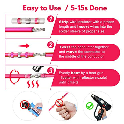 Kuject 100PCS Solder Seal Wire Connectors AWG 22-18, Red Solder Seal Heat Shrink Butt Connectors Terminals Solders Sleeve Waterproof Wire Splice Connector for Marine Automotive Boat Wire Joint - size: AWG 22-18 Red