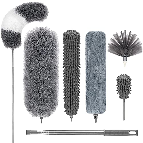 DELUX Microfiber Feather Duster,7 PCS Reusable Bendable Washable Cobweb Duster with 100 inches Extra Long Extension Pole for Cleaning Ceiling Fan, High Ceiling, Blinds, Furniture & Cars - color: 7pc-gray