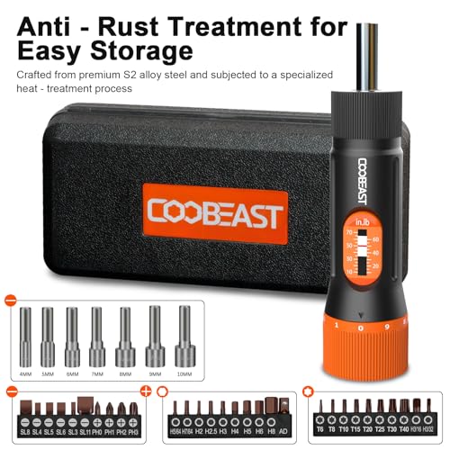 coobeast Torque Screwdriver 38Pcs, Gifts for Men Torque Wrench with Inch/Pounds Torque Range 10-70 In-lb, S2 Bits, Sockets and Storage Case for Maintenance, Tools, Bike Repairing and Mounting - size: 38PCS
