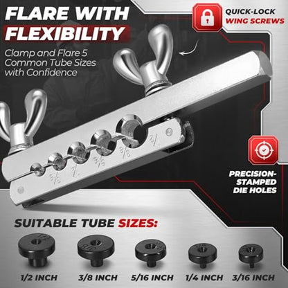 Flexzion Brake Line Flaring Tool Kit with Tubing Cutter & Case, 45° Single & Double Flare Tool for Brake Lines, Copper, Aluminum, Brass, Magnesium & Soft Steel, 5 Adapters for 1/8"–5/8" Tubing
