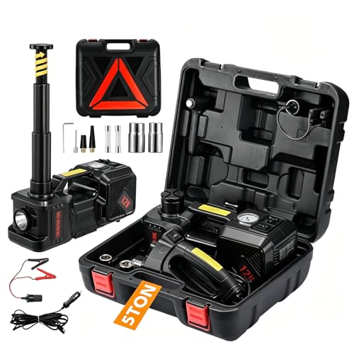 Electric Car Jack Kit 5 Ton 12V Floor Jack Portable Hydraulic Car Jack with Impact Wrench and Tire Inflator Pump for SUV Sedans Tire Change with LED Light, Lifting Height 6 to 17.7 Inch(Black) - color: black