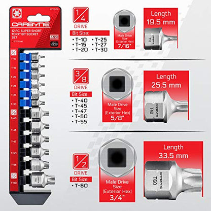 CARBYNE 12-Piece Torx Stubby Low Profile Bit Socket Set, T10 to T60, S2 Steel, Dual Drive Internal Square and External Hex Drive for Tight Confined Spaces, Genuine Licensed Torx - size: Torx