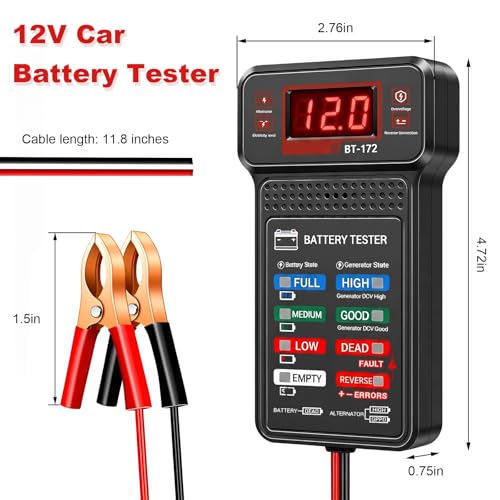 12V Car Battery Tester, Fast Response Charging System Analyzer with LCD Screen & LED Indication, Battery Load Monitor Digital Voltmeter Alternator Tester for Most Vehicles