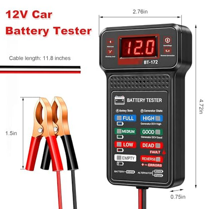 12V Car Battery Tester, Fast Response Charging System Analyzer with LCD Screen & LED Indication, Battery Load Monitor Digital Voltmeter Alternator Tester for Most Vehicles